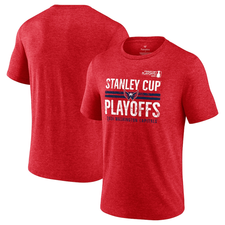 Men's Washington Capitals Fanatics Heather Red 2024 Stanley Cup Playoffs Crossbar Tri-Blend T-Shirt - Puhuasuan