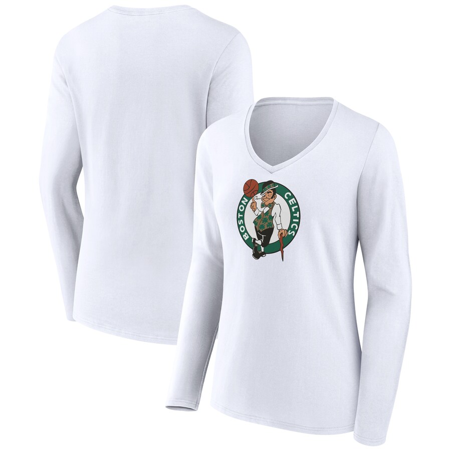Women's Boston Celtics White Logo Long Sleeve V-Neck T-Shirt - Puhuasuan