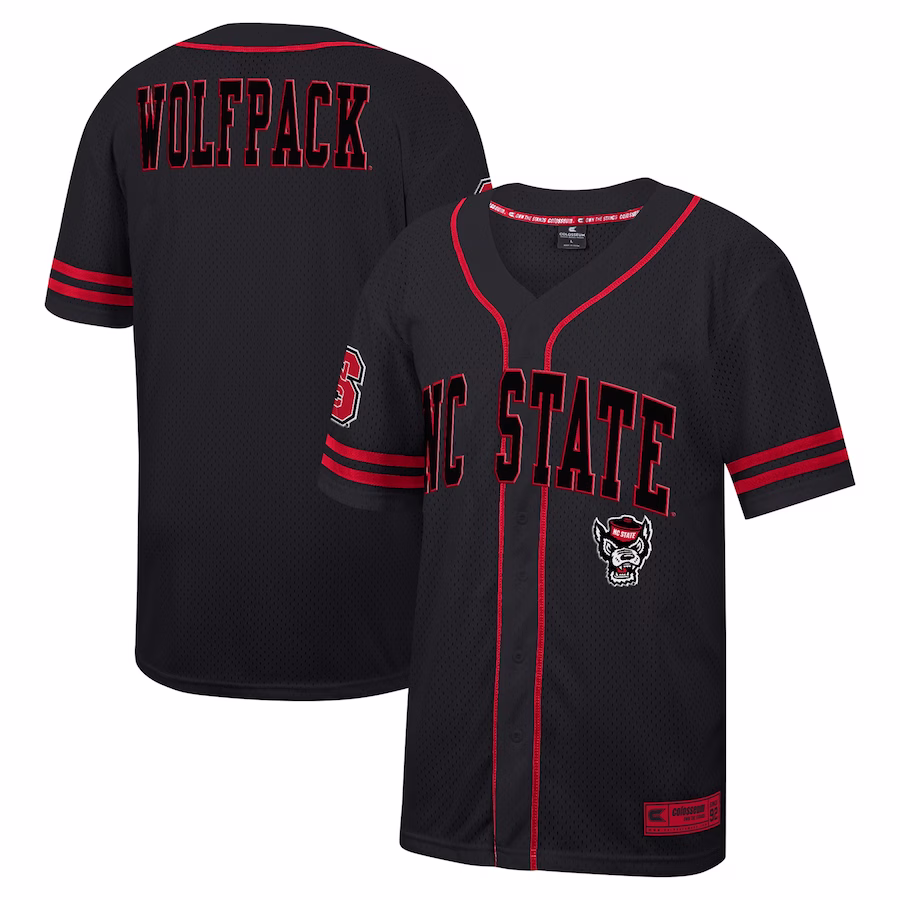 NC State Wolfpack Colosseum Free Spirited Mesh Button-Up Baseball Jersey - Black - Puhuasuan