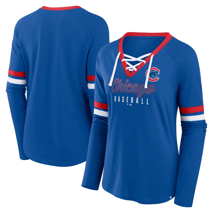 Women's Chicago Cubs Fanatics Royal Won & Done Raglan Lace-Up Long Sleeve T-Shirt - Puhuasuan