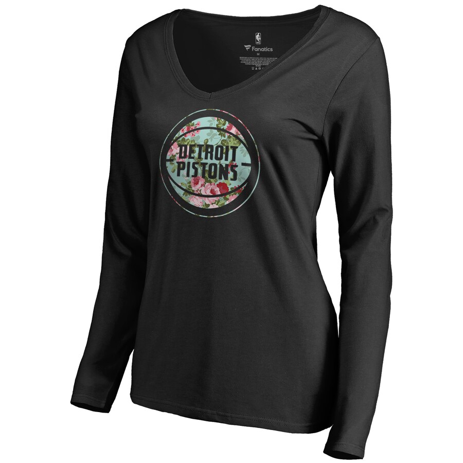 Women's Detroit Pistons Black Lovely V-Neck Long Sleeve T-Shirt - Puhuasuan