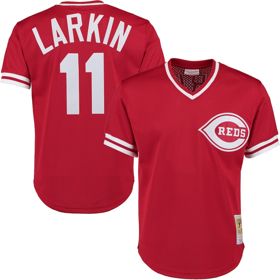 Men's Cincinnati Reds Barry Larkin Mitchell & Ness Red Cooperstown Collection Mesh Batting Practice Button-Up Jersey - Puhuasuan