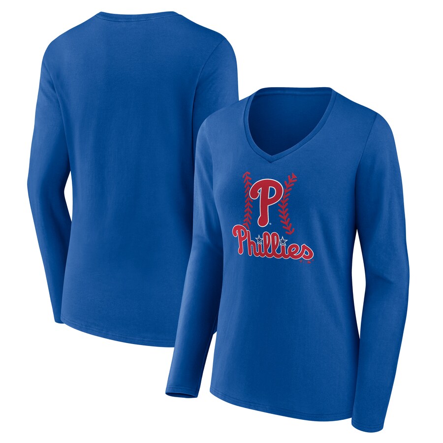 Women's Philadelphia Phillies Royal Fastball Long Sleeve V-Neck T-Shirt - Puhuasuan