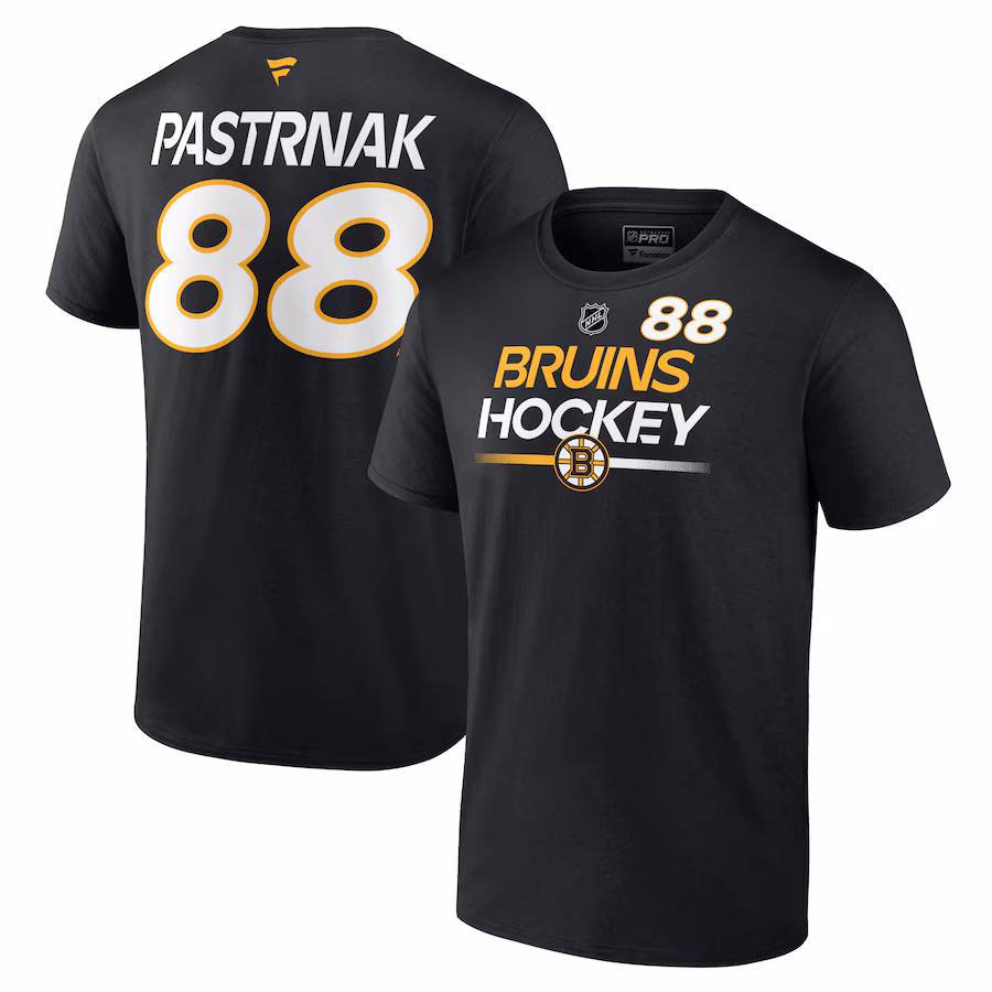 Men's Boston Bruins David Pastrnak Fanatics Black Authentic Pro Prime Name & Number T-Shirt - Puhuasuan