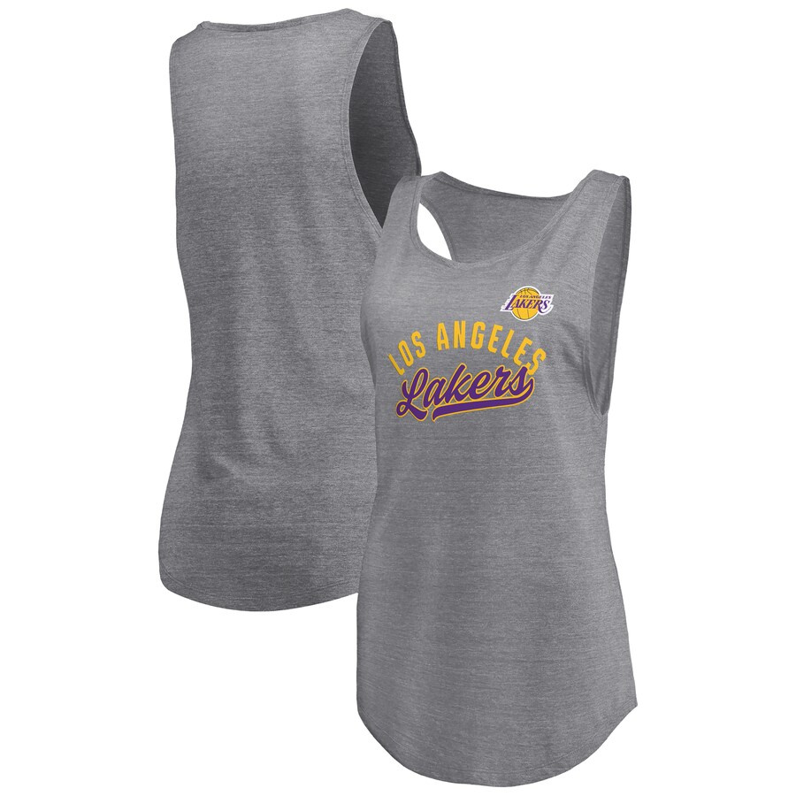 Women's Los Angeles Lakers Fanatics Heathered Gray Quality Time Open Scoop Neck Tri-Blend Tank Top - Puhuasuan