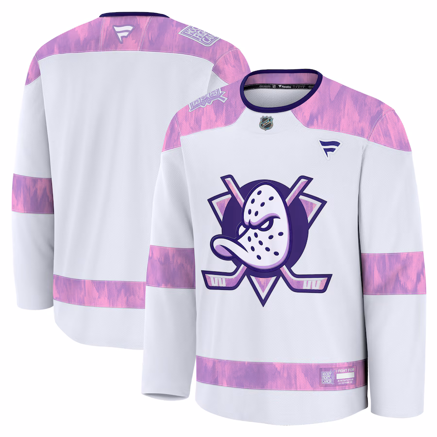 Men's Anaheim Ducks Fanatics White 2024 Hockey Fights Cancer Practice Jersey - Puhuasuan