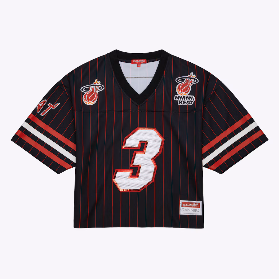 Women's Miami Heat Dwyane Wade Mitchell & Ness x DANNIJO Black Cropped Football Fashion Jersey - Puhuasuan