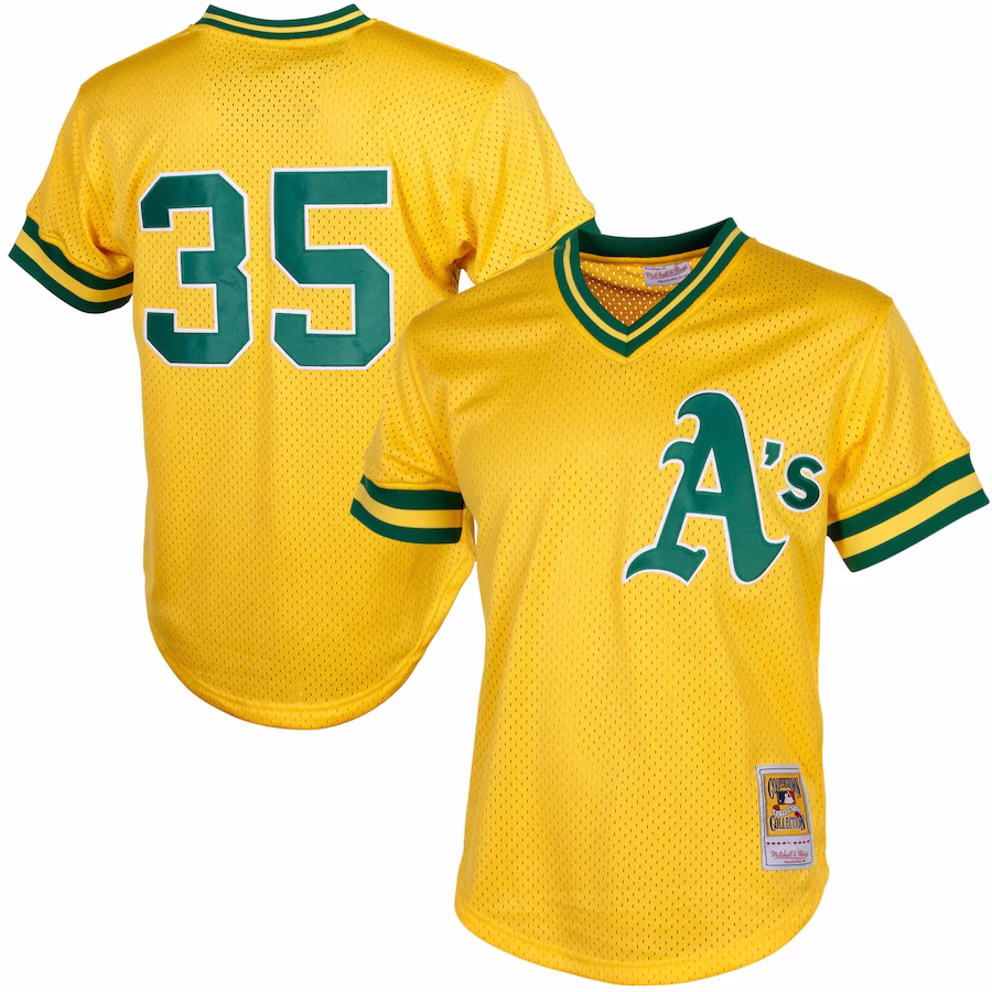 Men's Oakland Athletics Rickey Henderson Mitchell & Ness Yellow Cooperstown Mesh Batting Practice Jersey - Puhuasuan