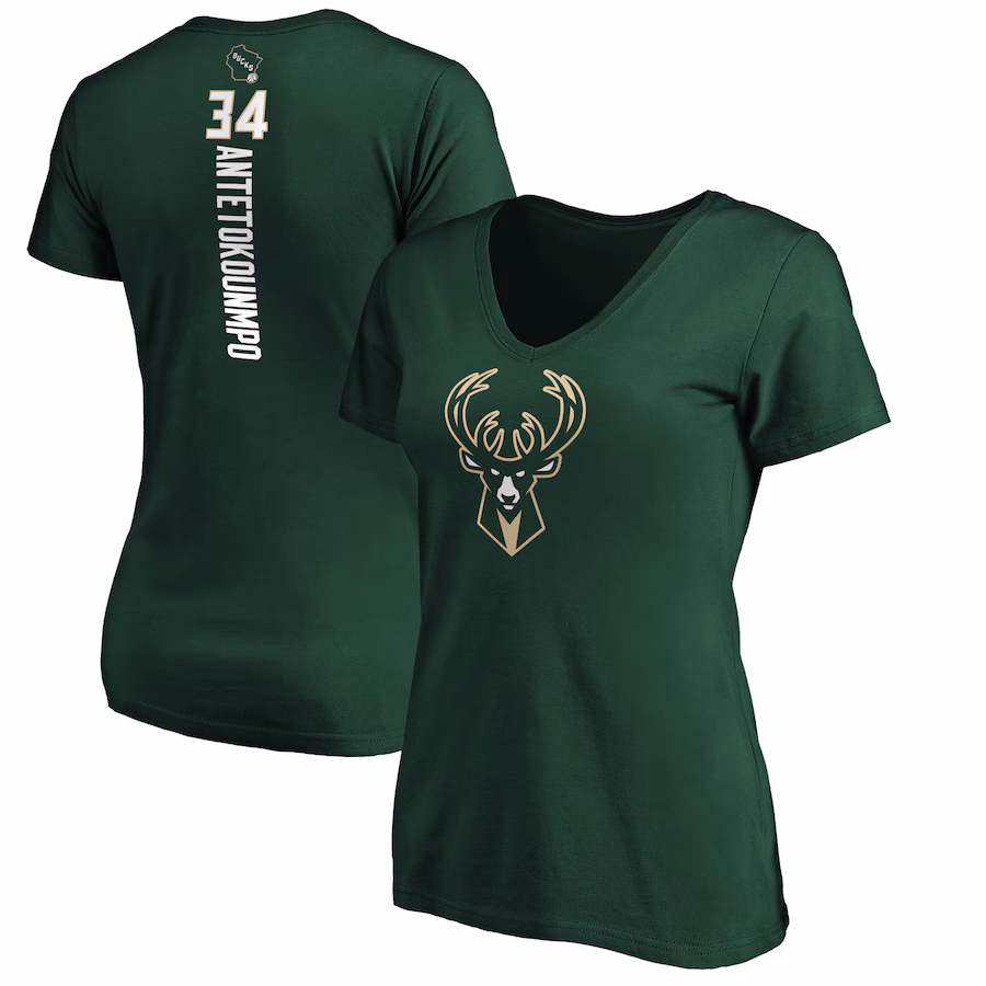 Women's Milwaukee Bucks Giannis Antetokounmpo Green Playmaker Name & Number V-Neck T-Shirt - Puhuasuan