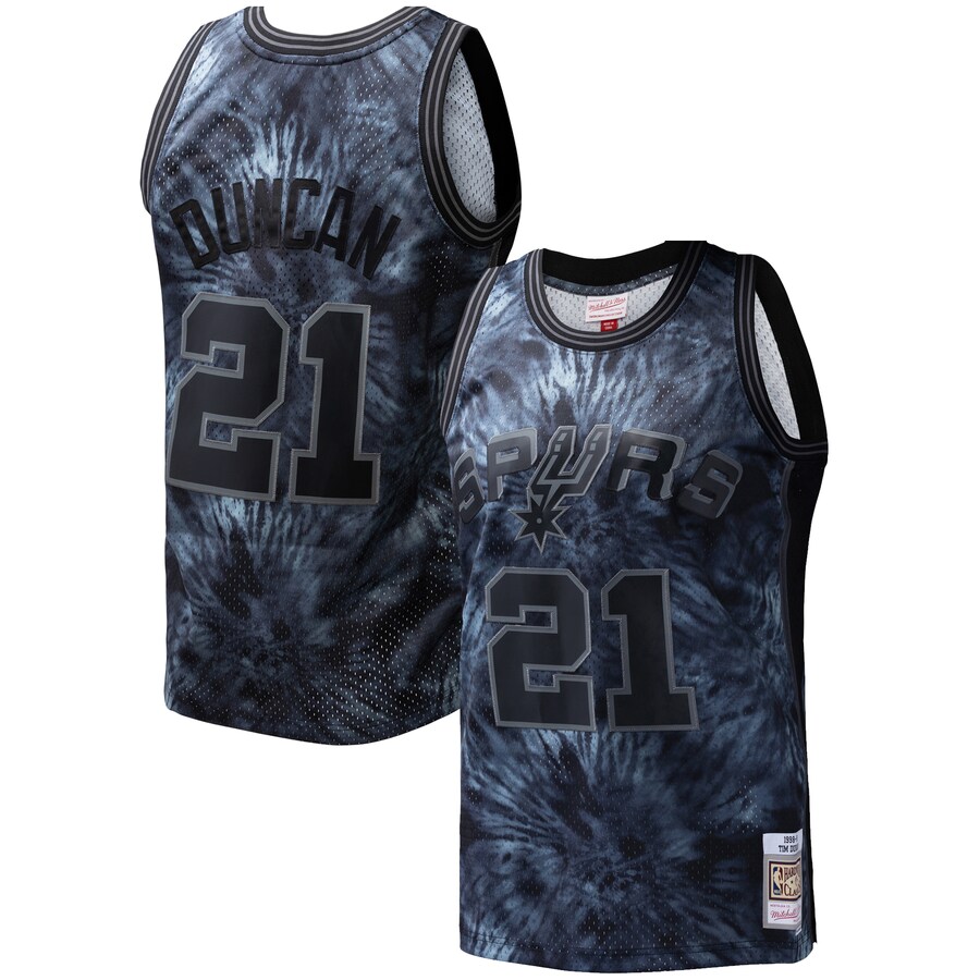 Men's San Antonio Spurs Tim Duncan Mitchell & Ness Black Hardwood Classics 1998/99 Tie-Dye Swingman Jersey - Puhuasuan