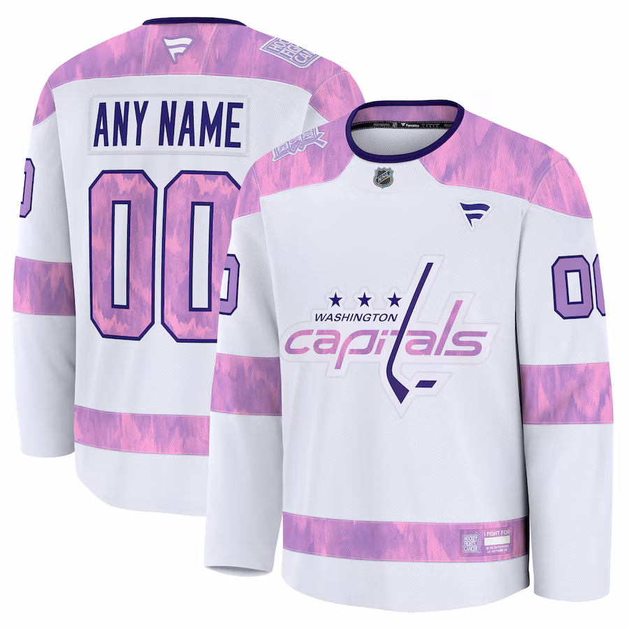 Men's Washington Capitals Fanatics White 2024 Hockey Fights Cancer Custom Practice Jersey - Puhuasuan