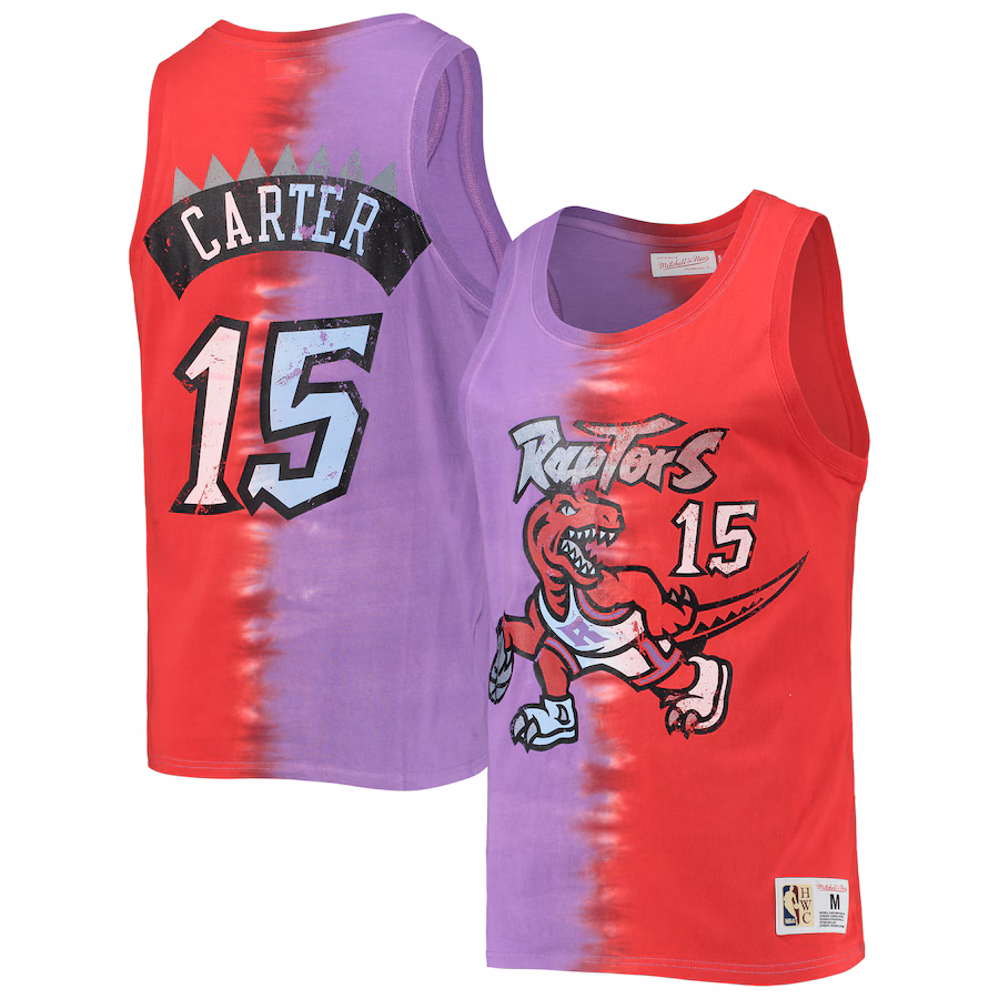 Men's Toronto Raptors Vince Carter Mitchell & Ness Purple/Red Hardwood Classics Tie-Dye Name & Number Tank Top - Puhuasuan