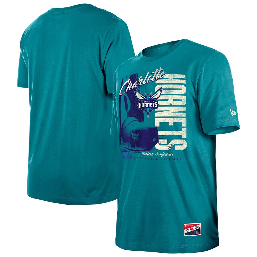 Men's Charlotte Hornets  New Era Teal Distressed Throwback Vintage Color Pack T-Shirt - Puhuasuan