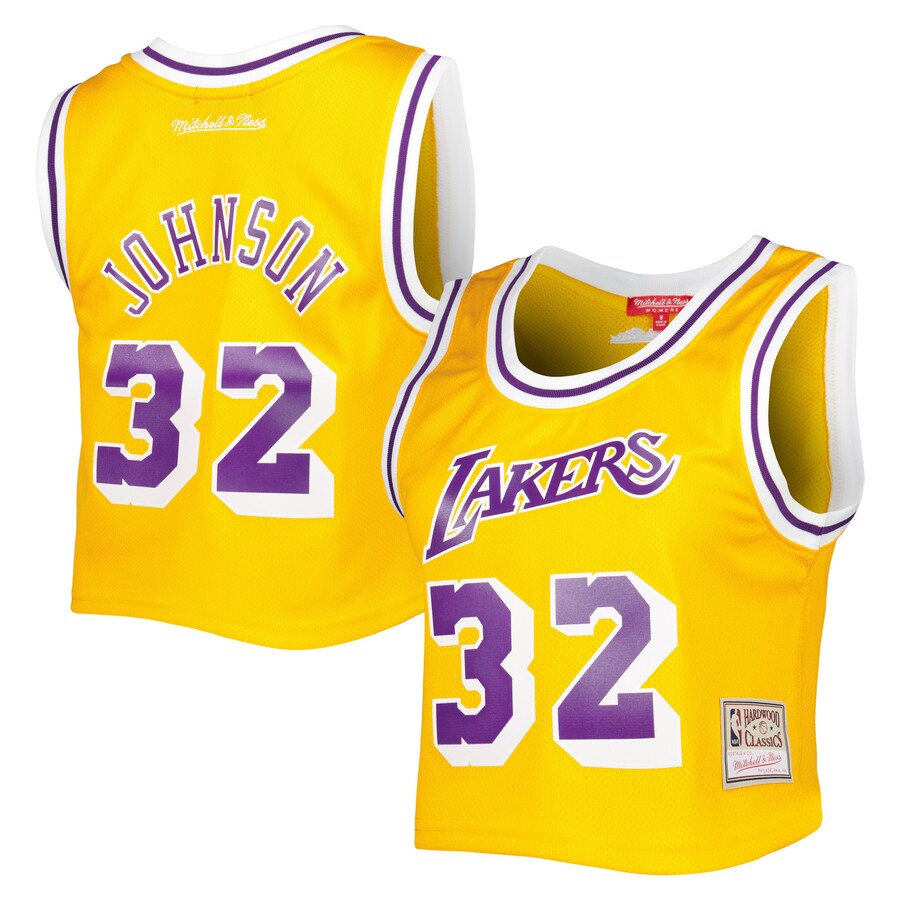 Women's Los Angeles Lakers Magic Johnson Mitchell & Ness Gold 1984 Hardwood Classics Crop Player Tank Top - Puhuasuan