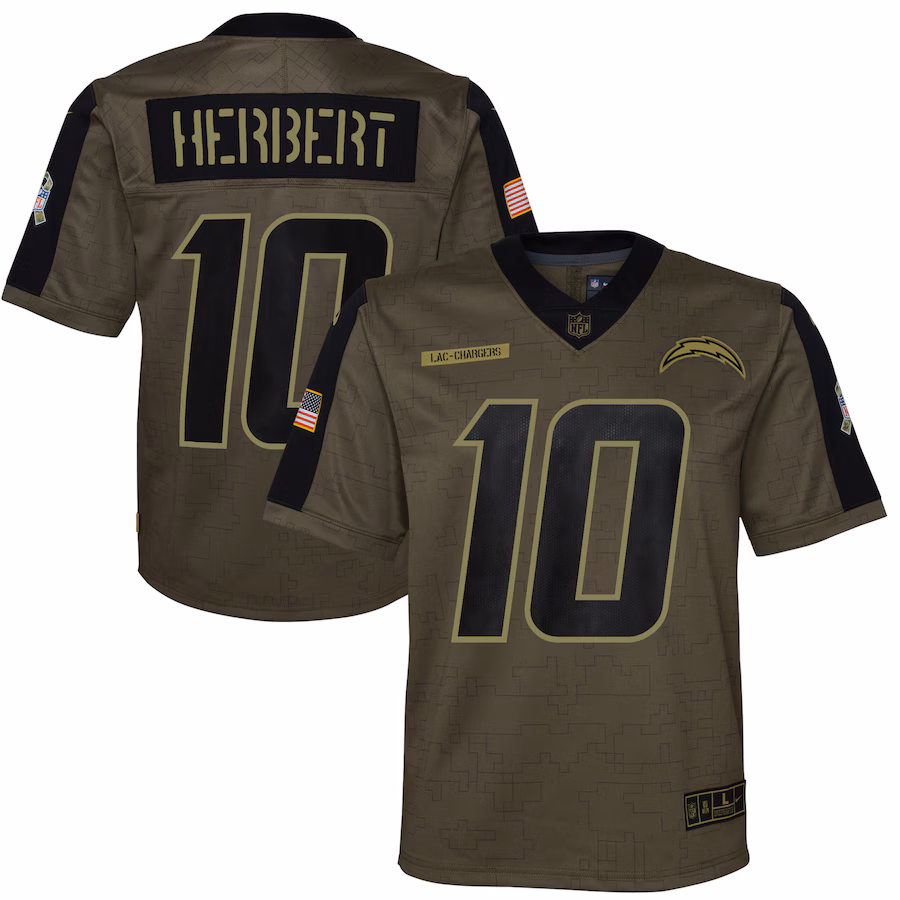 Youth Dallas Los Angeles Chargers Justin Herbert Nike Olive Salute To Service Game Jersey - Puhuasuan