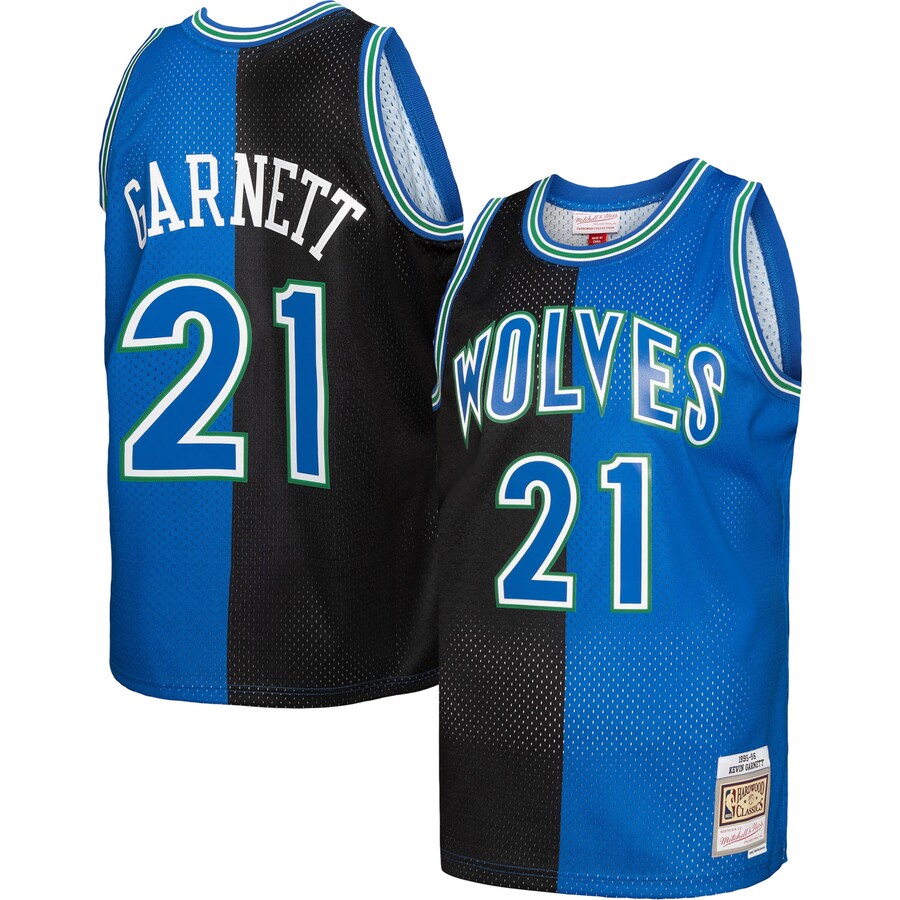 Men's Minnesota Timberwolves Kevin Garnett Mitchell & Ness Black/Blue Hardwood Classics 1995/96 Split Swingman Jersey - Puhuasuan