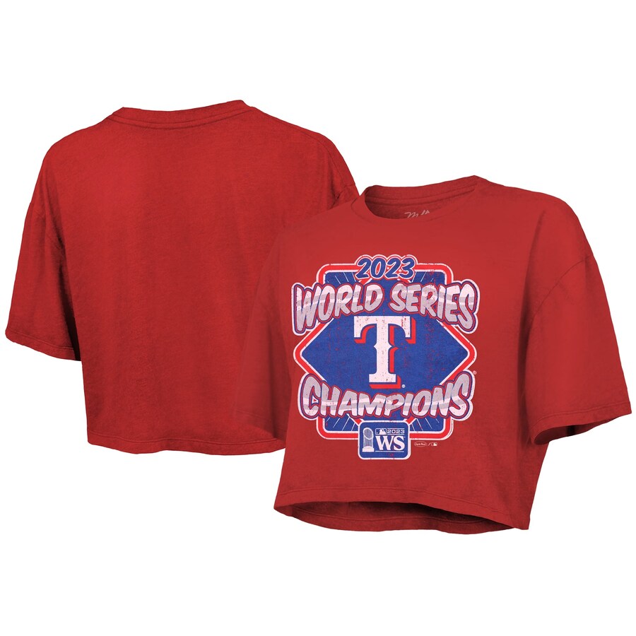 Women's Texas Rangers Majestic Threads Red 2023 World Series Champions Best Face Forward Boxy Cropped Tri-Blend T-Shirt - Puhuasuan