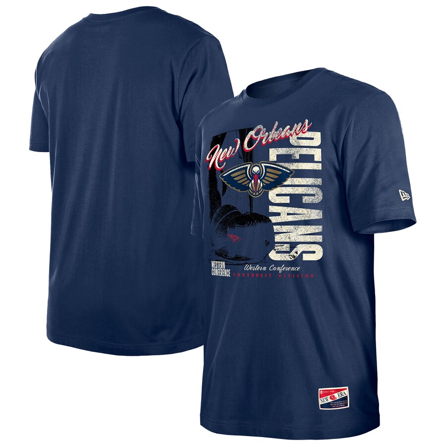 Men's New Orleans Pelicans  New Era Navy Distressed Throwback Vintage Color Pack T-Shirt - Puhuasuan
