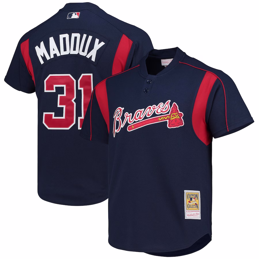 Men's Atlanta Braves Greg Maddux Mitchell & Ness Navy Cooperstown Collection Mesh Batting Practice Button-Up Jersey - Puhuasuan