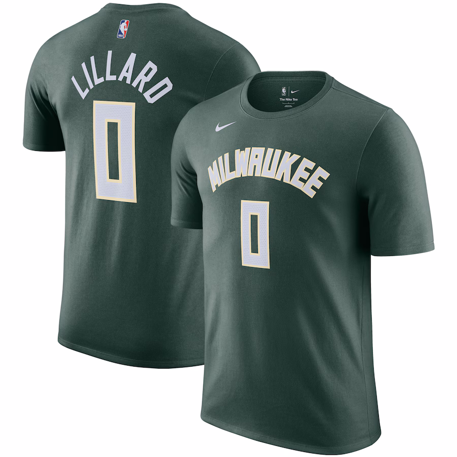 Men's Milwaukee Bucks Damian Lillard Nike Hunter Green Name & Number T-Shirt - Puhuasuan
