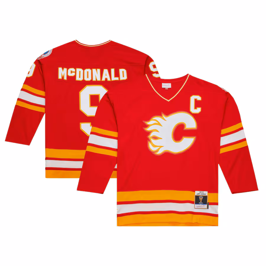 Men's Calgary Flames Lanny McDonald Mitchell & Ness Red Captain Patch 1988/89 Blue Line Player Jersey - Puhuasuan