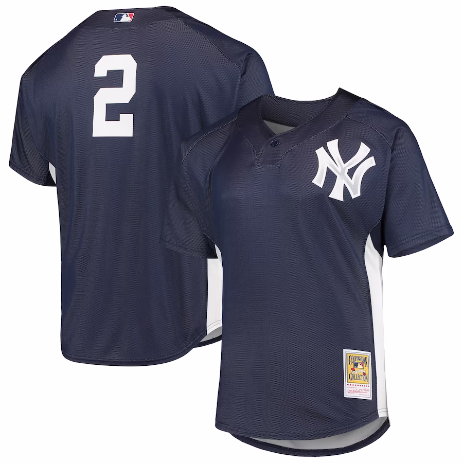 Men's New York Yankees Derek Jeter Mitchell & Ness Navy Cooperstown Collection Mesh Batting Practice Button-Up Jersey - Puhuasuan