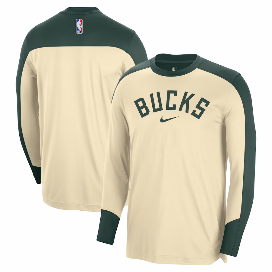 Men's Milwaukee Bucks Nike Cream 2024/25 Authentic Pre-Game Legend Long Sleeve Shooting Shirt - Puhuasuan