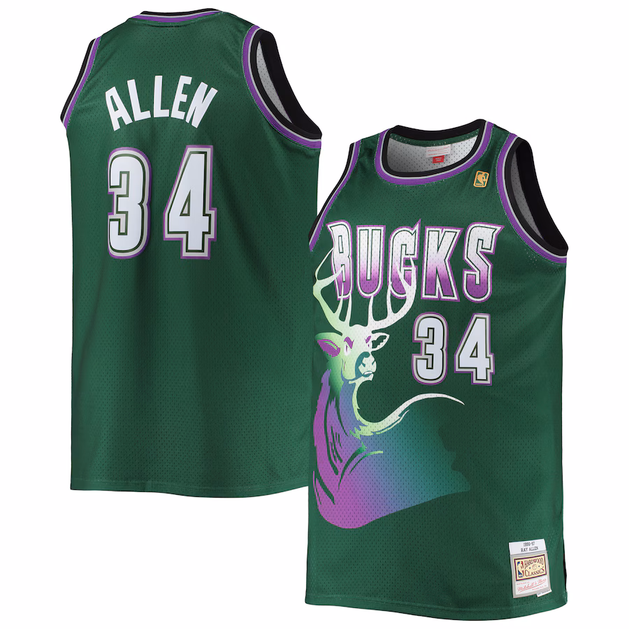 Men's Milwaukee Bucks Ray Allen Mitchell & Ness Hunter Green Big & Tall 1996/97 Hardwood Classics Swingman Jersey - Puhuasuan