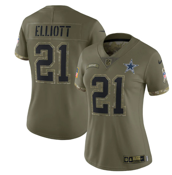 Women's Dallas Cowboys #21 Ezekiel Elliott 2022 Olive Salute To Service Limited Stitched Jersey(Run Small) - Puhuasuan