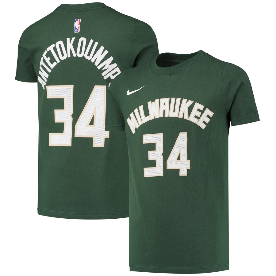 Youth Milwaukee Bucks Giannis Antetokounmpo Nike Hunter Green Logo Name & Number Performance T-Shirt - Puhuasuan