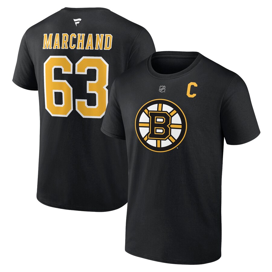 Men's Boston Bruins Brad Marchand Fanatics Black Authentic Stack Name & Number T-Shirt - Puhuasuan