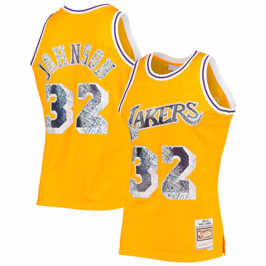 Men's Los Angeles Lakers Magic Johnson Mitchell & Ness Gold 1984/85 Hardwood Classics NBA 75th Anniversary Diamond Swingman Jersey - Puhuasuan