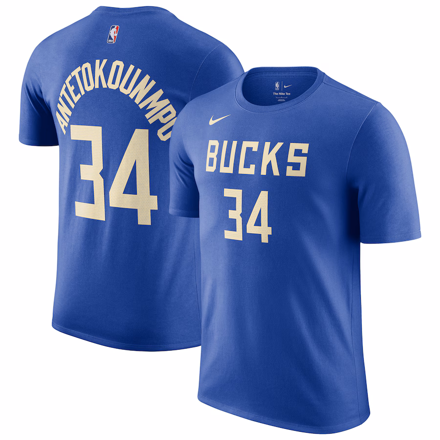 Men's Milwaukee Bucks Giannis Antetokounmpo Nike Royal 2024/25 City Edition Name & Number T-Shirt - Puhuasuan