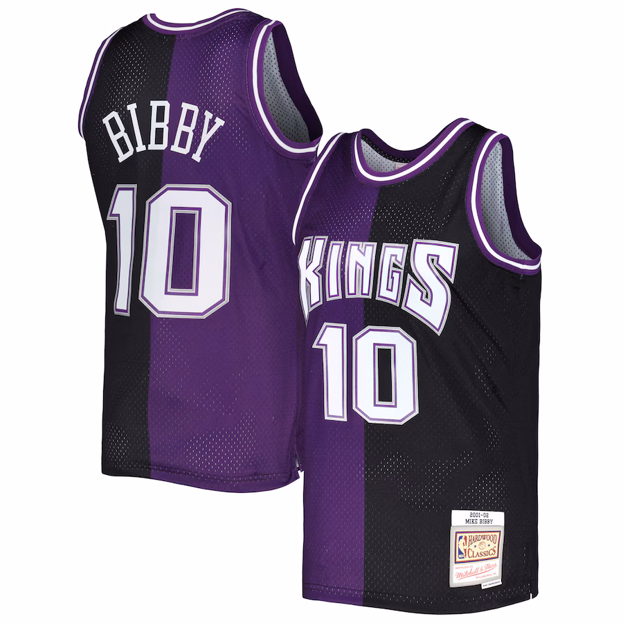 Men's Sacramento Kings Mike Bibby Mitchell & Ness Purple/Black Hardwood Classics 2001/02 Split Swingman Jersey - Puhuasuan