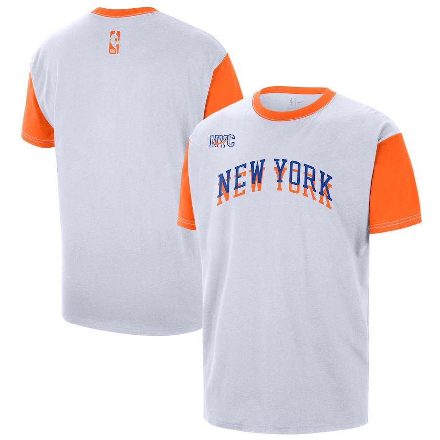 Men's New York Knicks Nike White 2024/25 City Edition Courtside Color Block T-Shirt - Puhuasuan