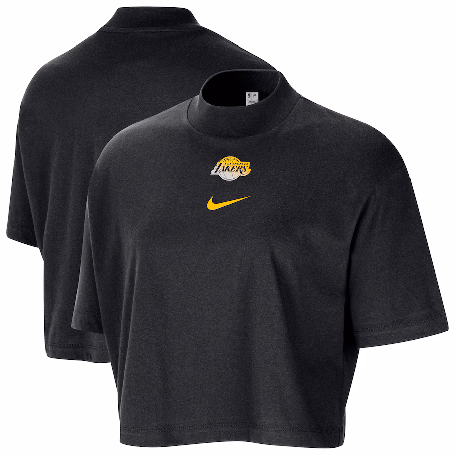 Women's Los Angeles Lakers Nike Black Courtside Mock Neck Loose Fit Cropped T-Shirt - Puhuasuan