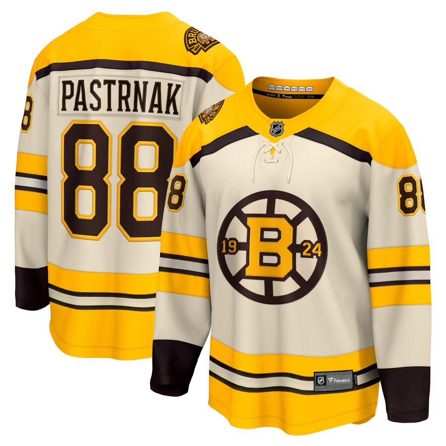 Men's Boston Bruins David Pastrnak Fanatics Branded Cream 100th Anniversary Premier Breakaway Player Jersey - Puhuasuan