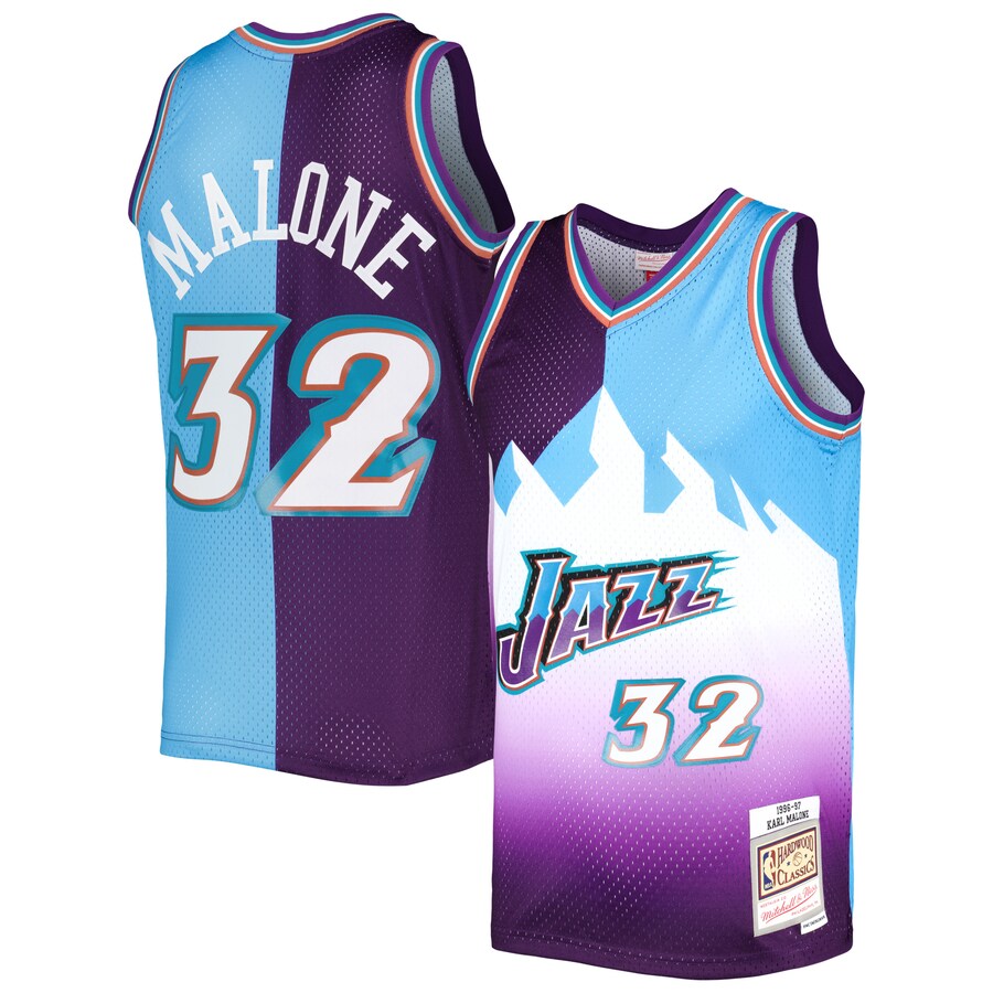 Men's Utah Jazz Karl Malone Mitchell & Ness Purple/Turquoise Hardwood Classics 1996/97 Split Swingman Jersey - Puhuasuan