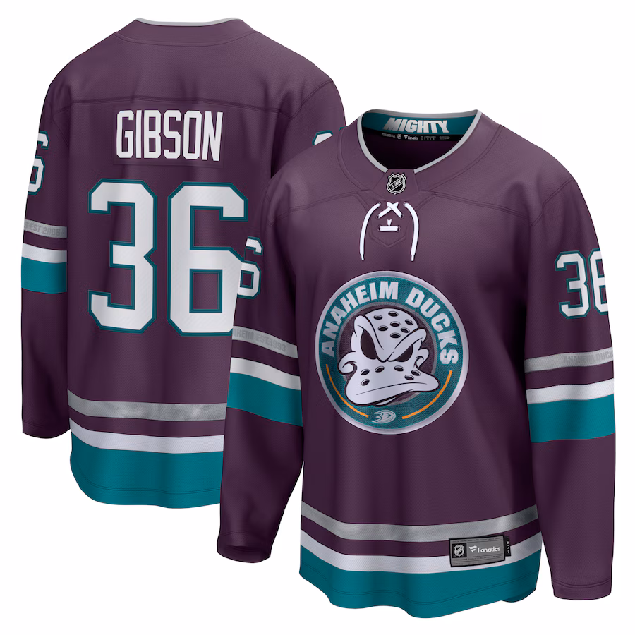 Men's Anaheim Ducks John Gibson Fanatics Purple 30th Anniversary Premier Breakaway Jersey - Puhuasuan