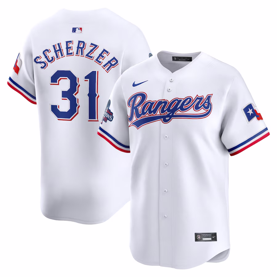 Men's Texas Rangers Max Scherzer Nike White Home 2023 World Series Champions Limited Jersey - Puhuasuan
