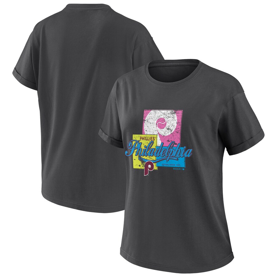 Women's Philadelphia Phillies WEAR by Erin Andrews Charcoal Domestic Box Color Boyfriend T-Shirt - Puhuasuan