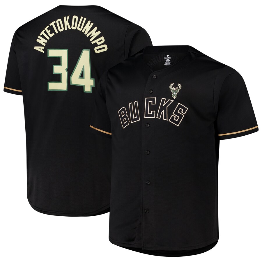 Men's Milwaukee Bucks Giannis Antetokounmpo Profile Black Big & Tall Name & Number Button-Up Jersey - Puhuasuan