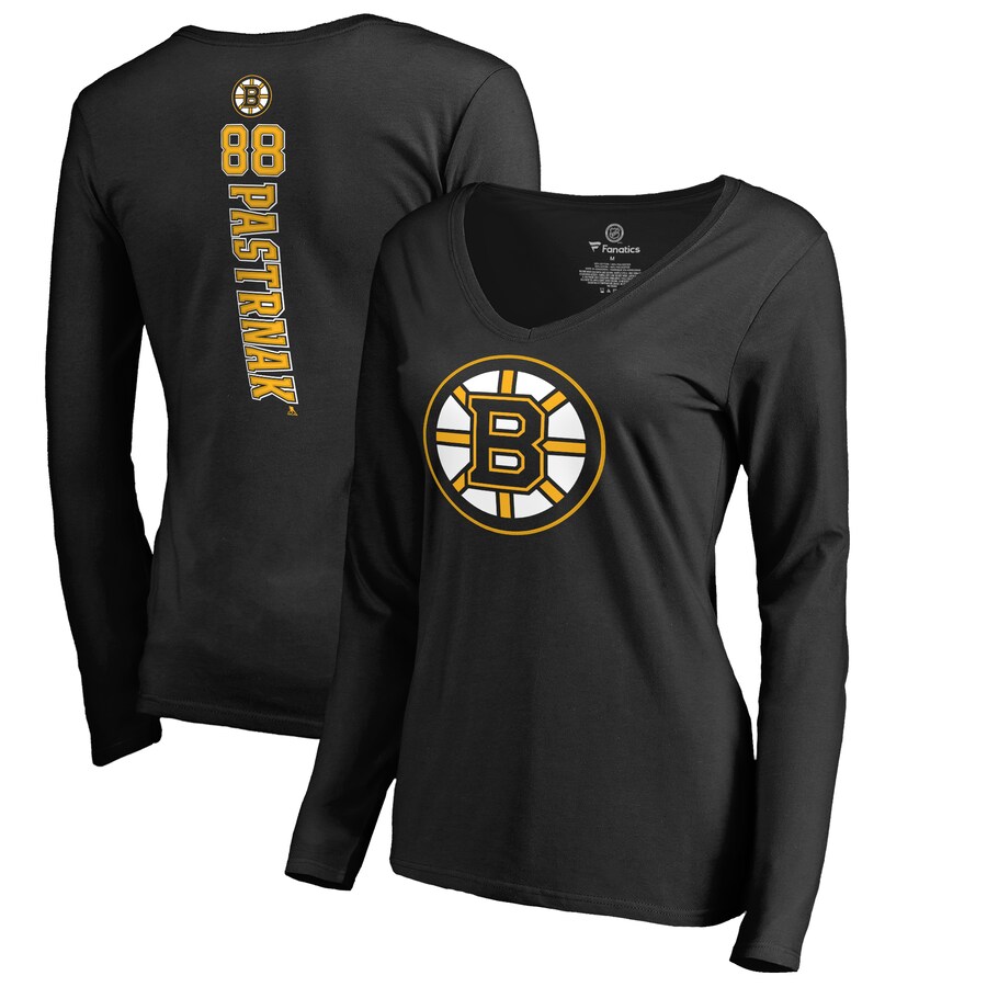 Women's Boston Bruins David Pastrnak Black Backer V-Neck Long Sleeve T-Shirt - Puhuasuan