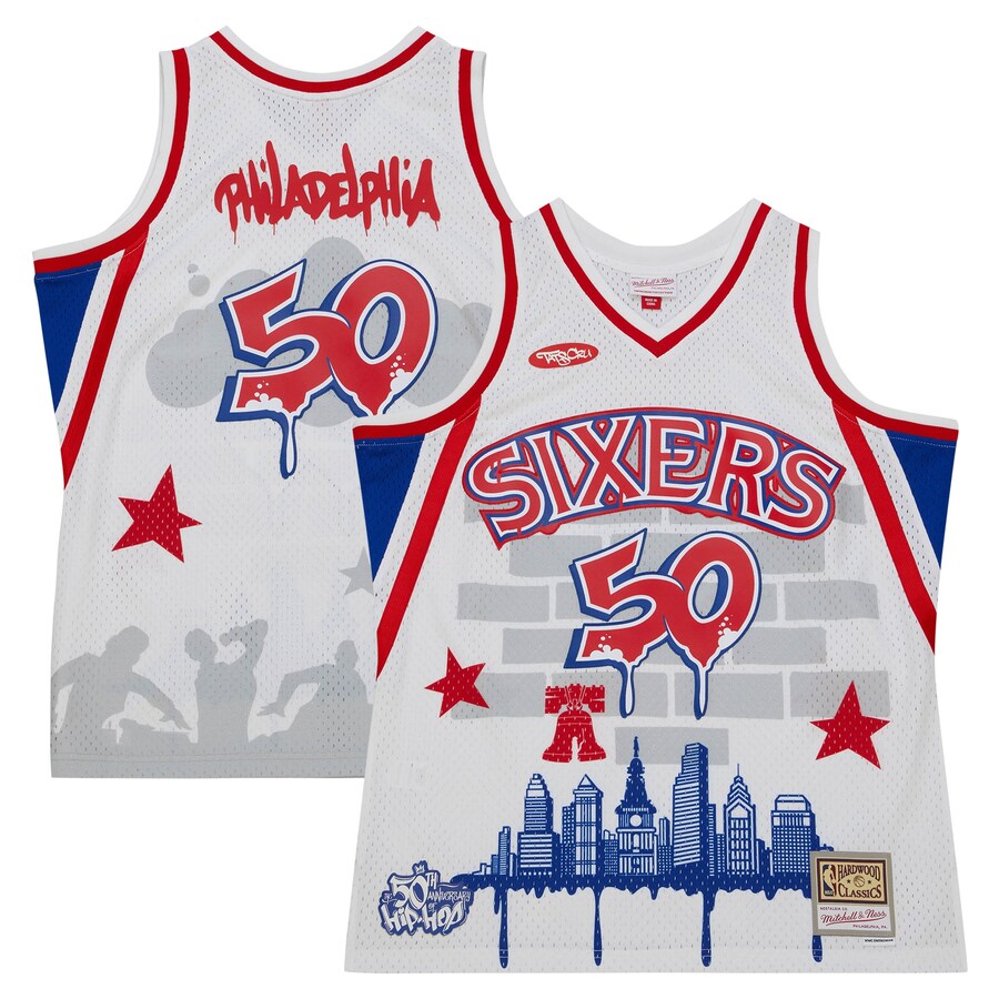 Men's Philadelphia 76ers Mitchell & Ness x Tats Cru White Hardwood Classics Fashion Jersey - Puhuasuan