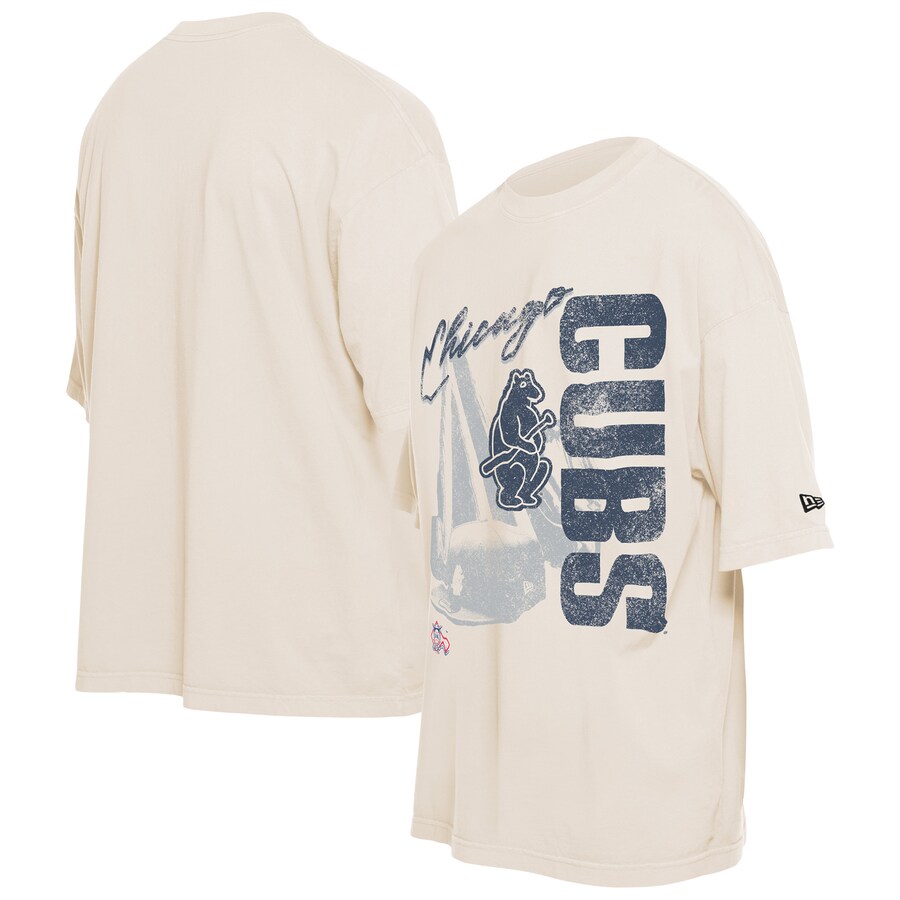 Men's Chicago Cubs New Era Cream Cooperstown Collection Oversized Throwback Distressed T-Shirt - Puhuasuan