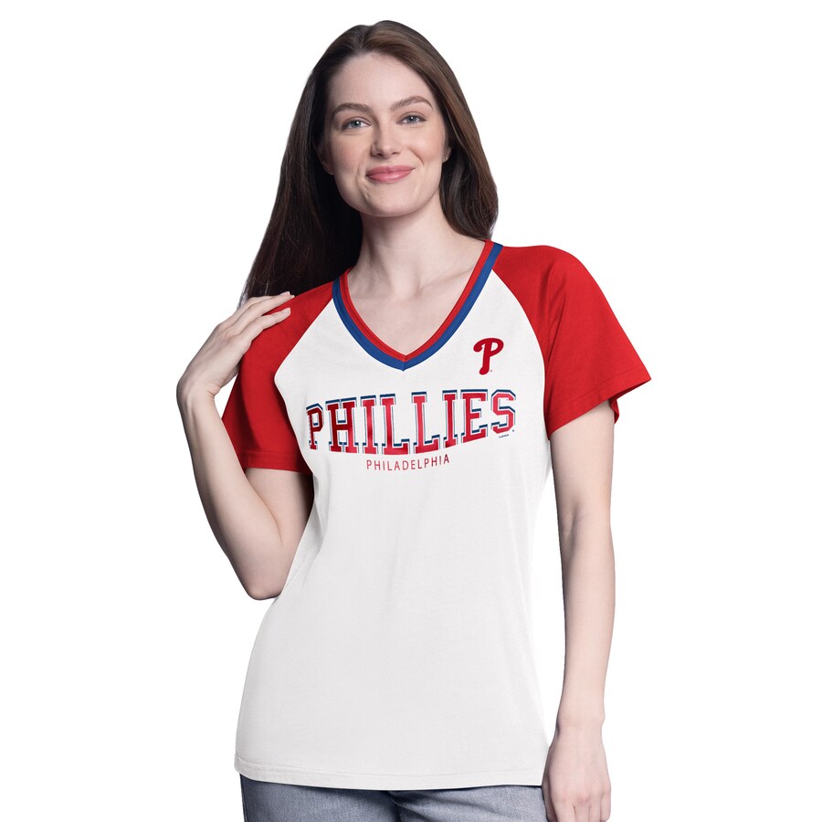 Women's Philadelphia Phillies G-III 4Her by Carl Banks White/Red Ball Park Raglan V-Neck T-Shirt - Puhuasuan