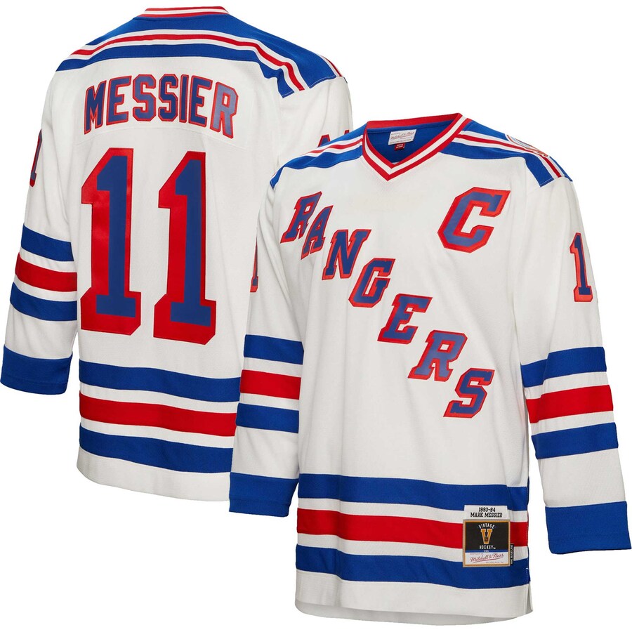 Men's New York Rangers Mark Messier Mitchell & Ness White 1993/94 Captain Patch Blue Line Player Jersey - Puhuasuan