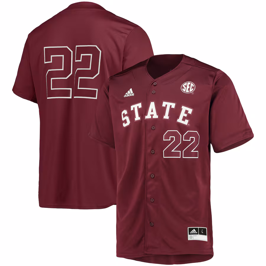 Men's adidas #22 Maroon Mississippi State Bulldogs Button-Up Baseball Jersey - Puhuasuan