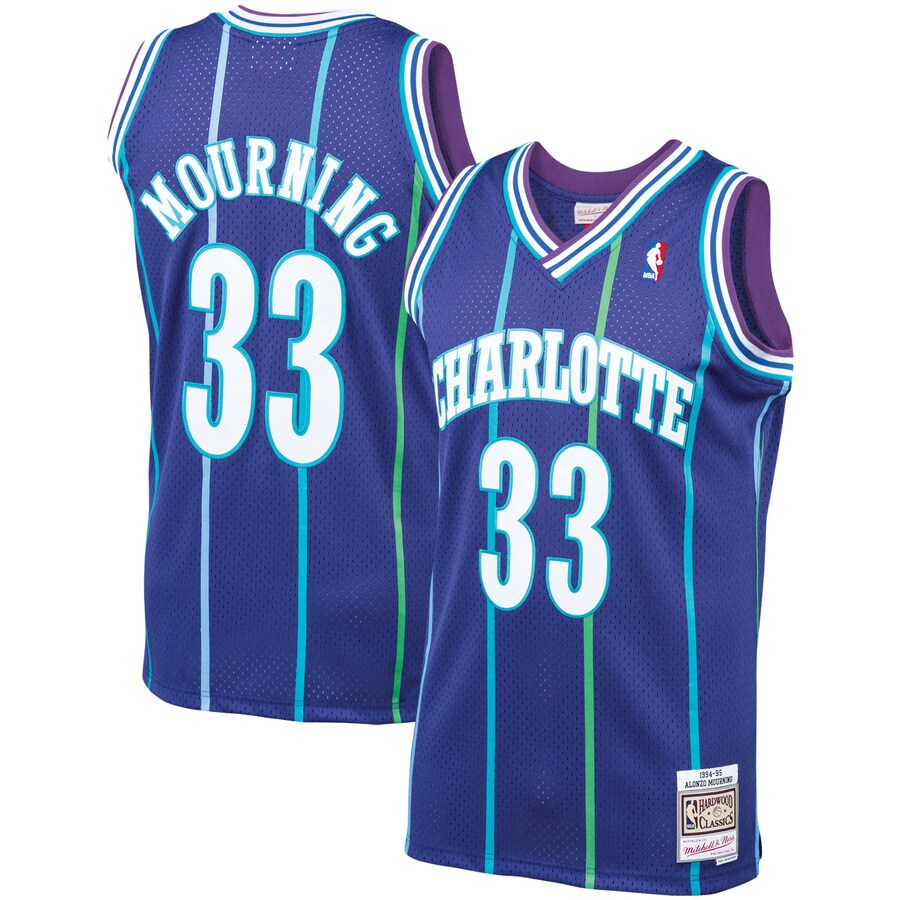 Men's Charlotte Hornets Alonzo Mourning Mitchell & Ness Purple 1994/95 Hardwood Classics Swingman Jersey - Puhuasuan