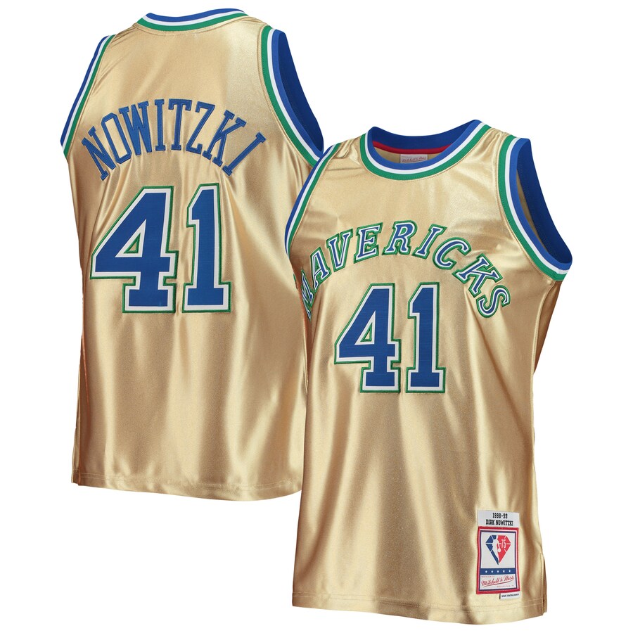 Men's Dallas Mavericks Dirk Nowitzki Gold Mitchell & Ness 75th Anniversary 1998/99 Hardwood Classics Swingman Jersey - Puhuasuan